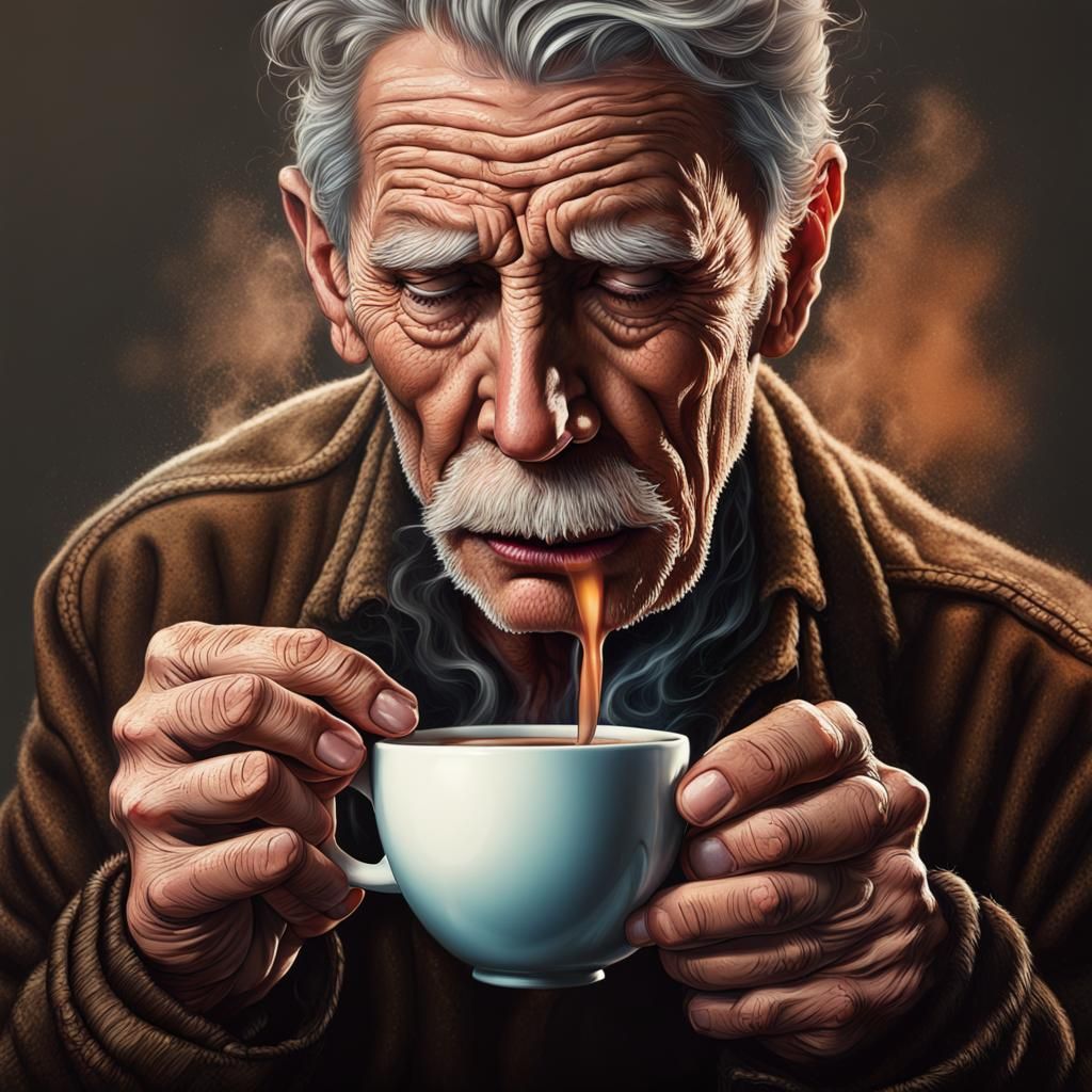Aging Hands with Coffee in Splash Art Style
