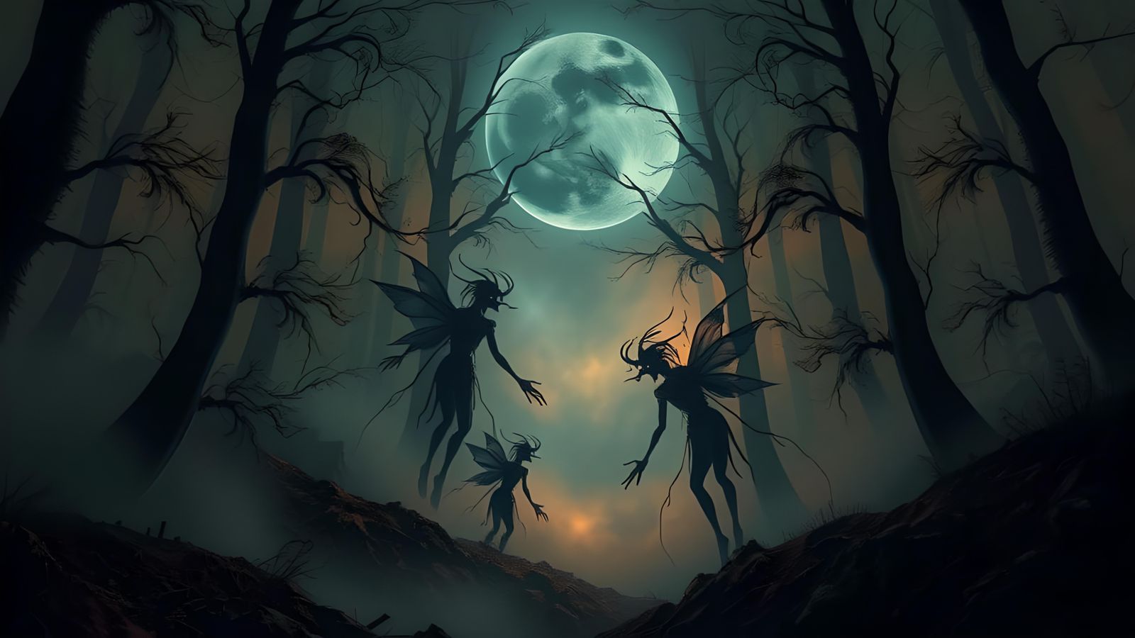 Demonic Fairies in Dark Forest: Surreal Horror Art