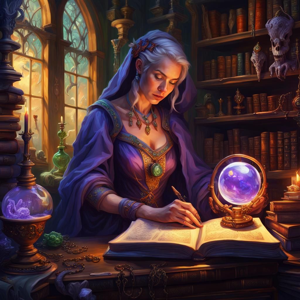 Female Mage Studying Tome in Alchemist's Laboratory