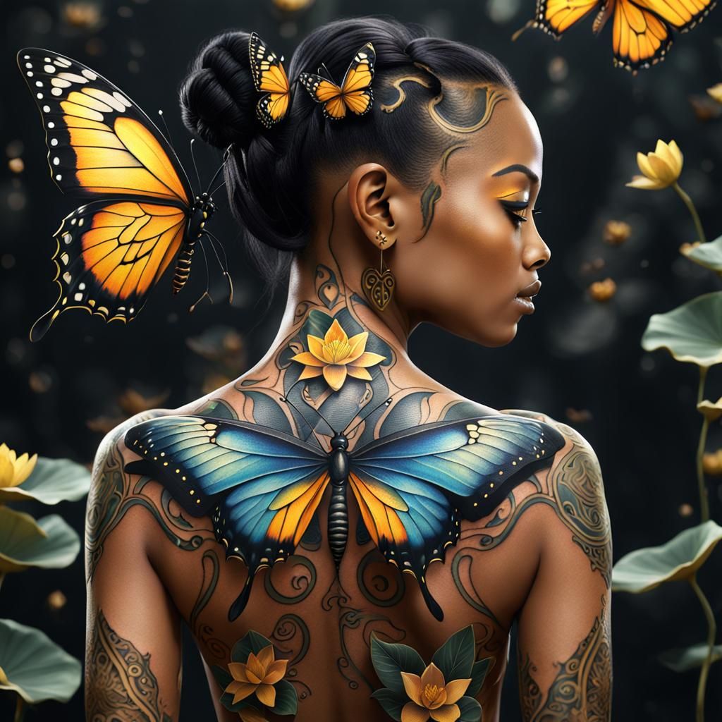 Lotus Butterfly Tattoo on Woman's Back