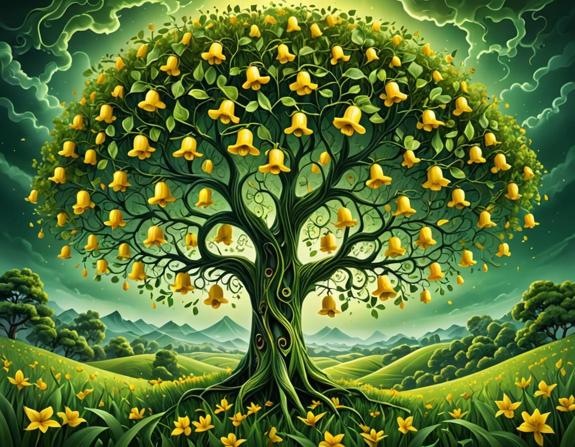 Green Tree with Yellow Flowers: Digital Matte Painting