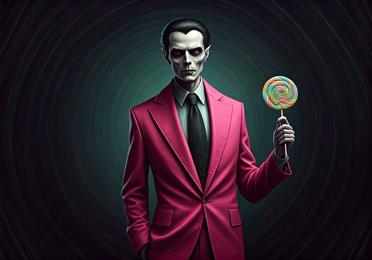 Nosferatu in Pink Suit with Lollipop, Pop Surrealism