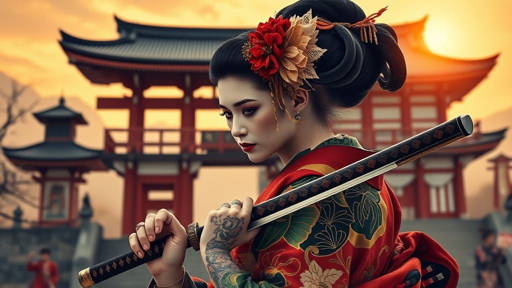 Geisha with Katana at Temple Sunrise