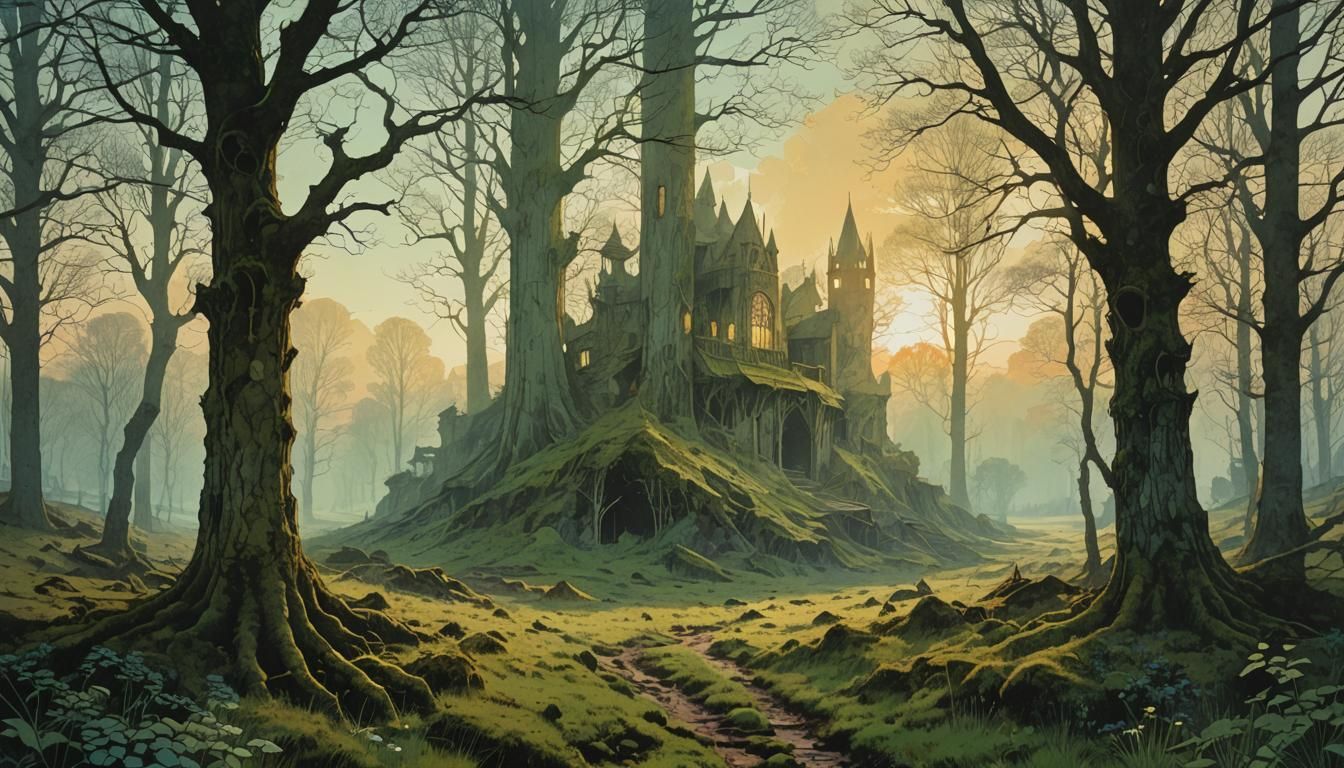 Celtic Forest at Dawn in Retro D&D Style