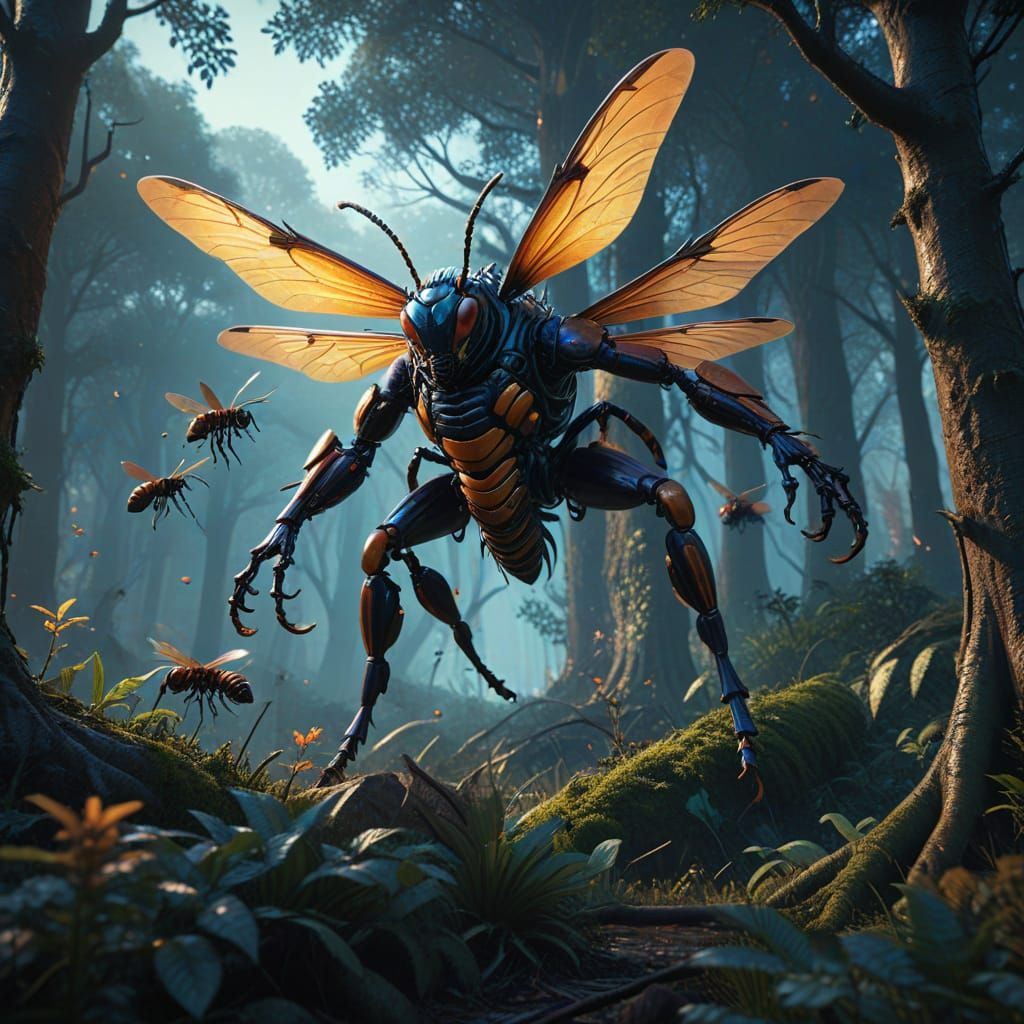 Giant Hornets Swarm Temperate Forest in Fantasy Art