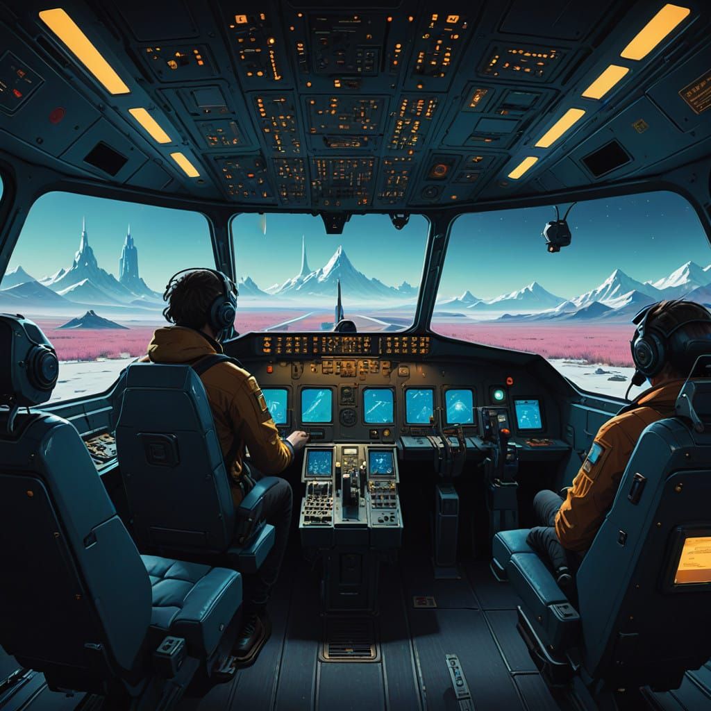 Futuristic Cockpit Crew in Golden Lighting