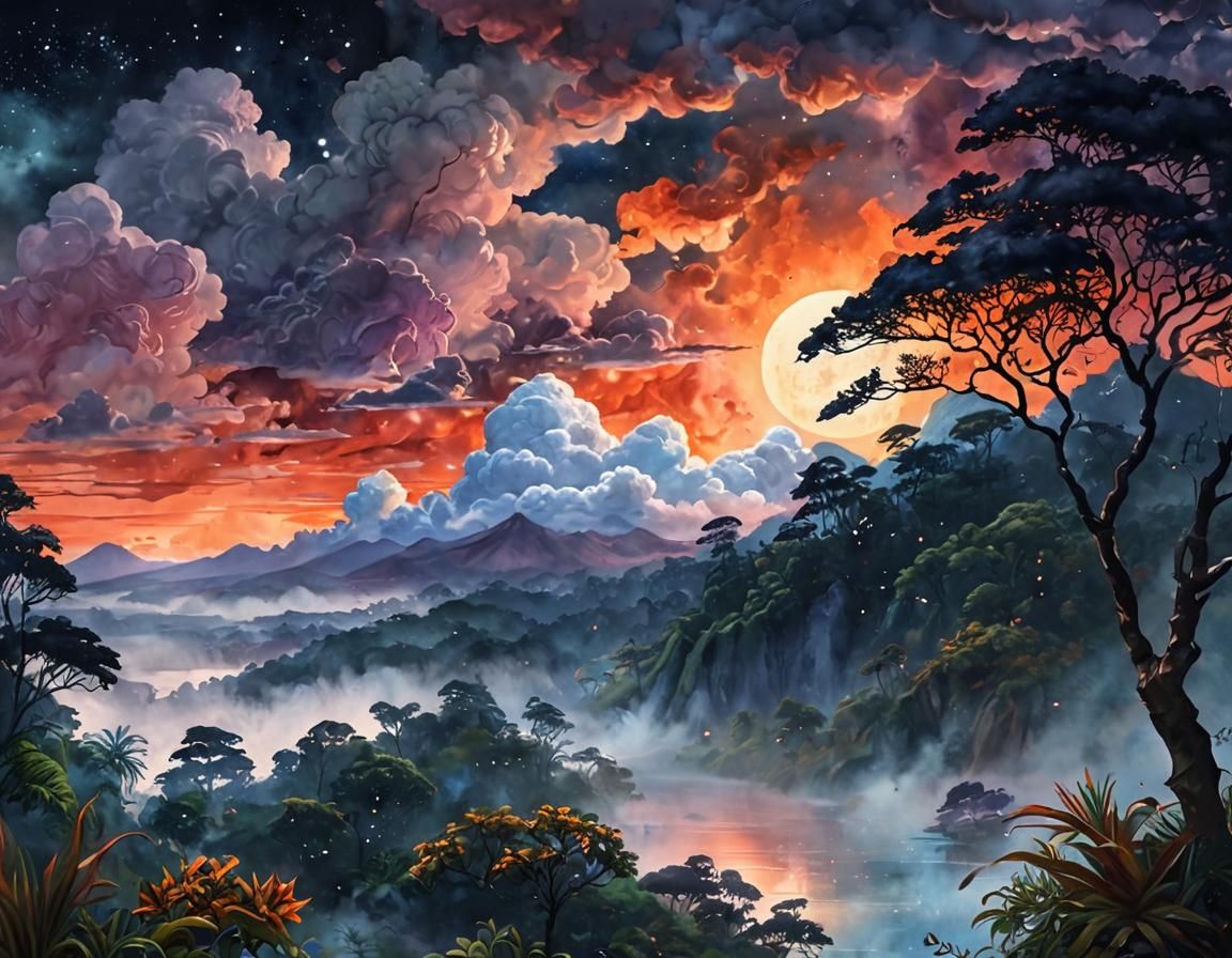 Rainforest Sunset with Blood Moon in Watercolor