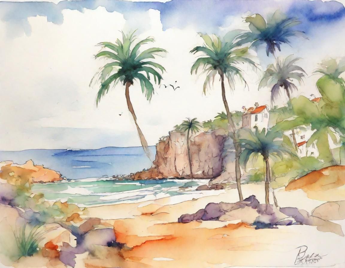 Whimsical Maltese Beach Scene in Watercolor Style