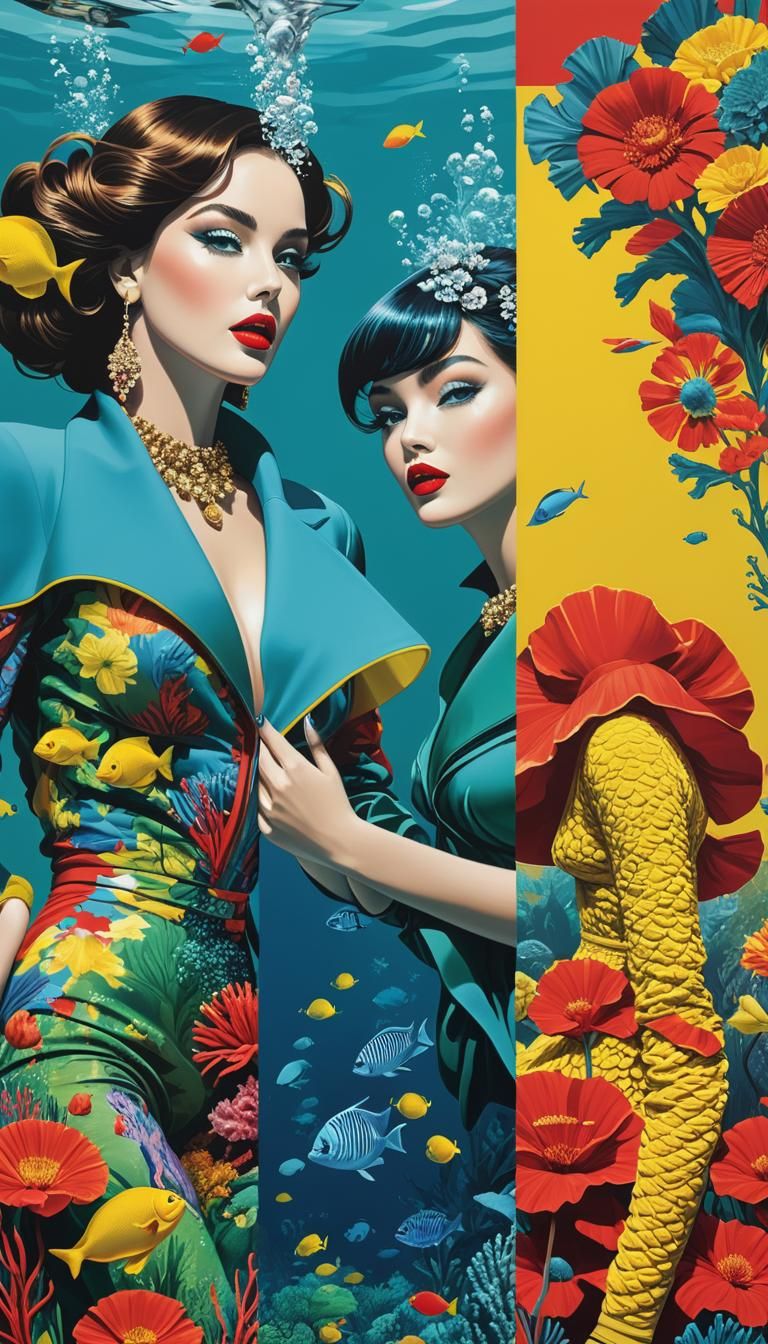 Broken reflections. Iconic fashion catwalk. Underwater theme...