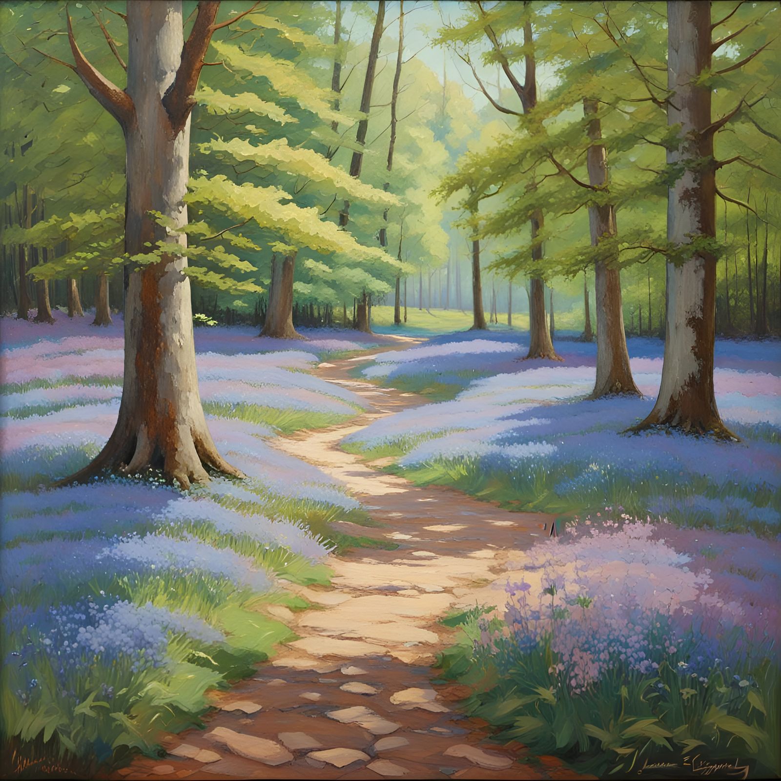 Sunlit Rose Quartz Path Through Spring Forest