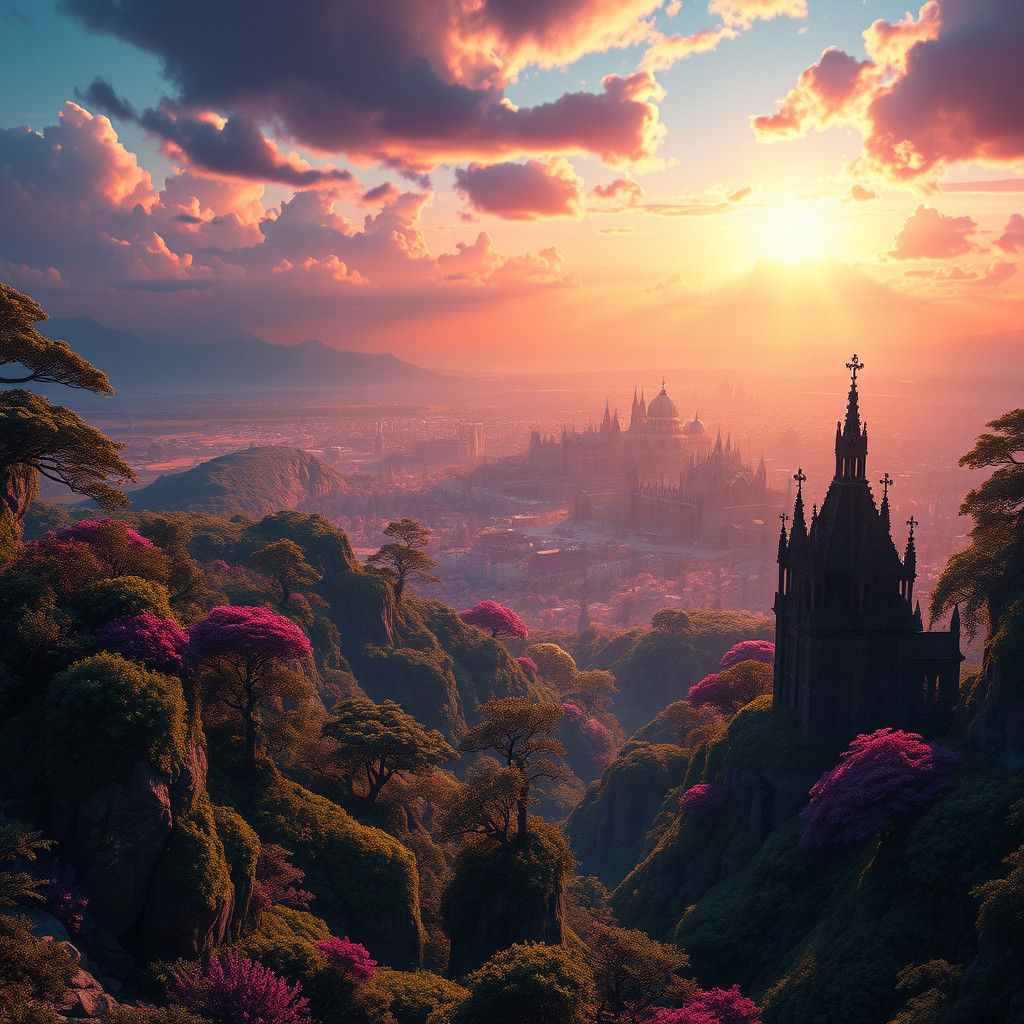 Mystical Cityscape in High-Fantasy Landscape