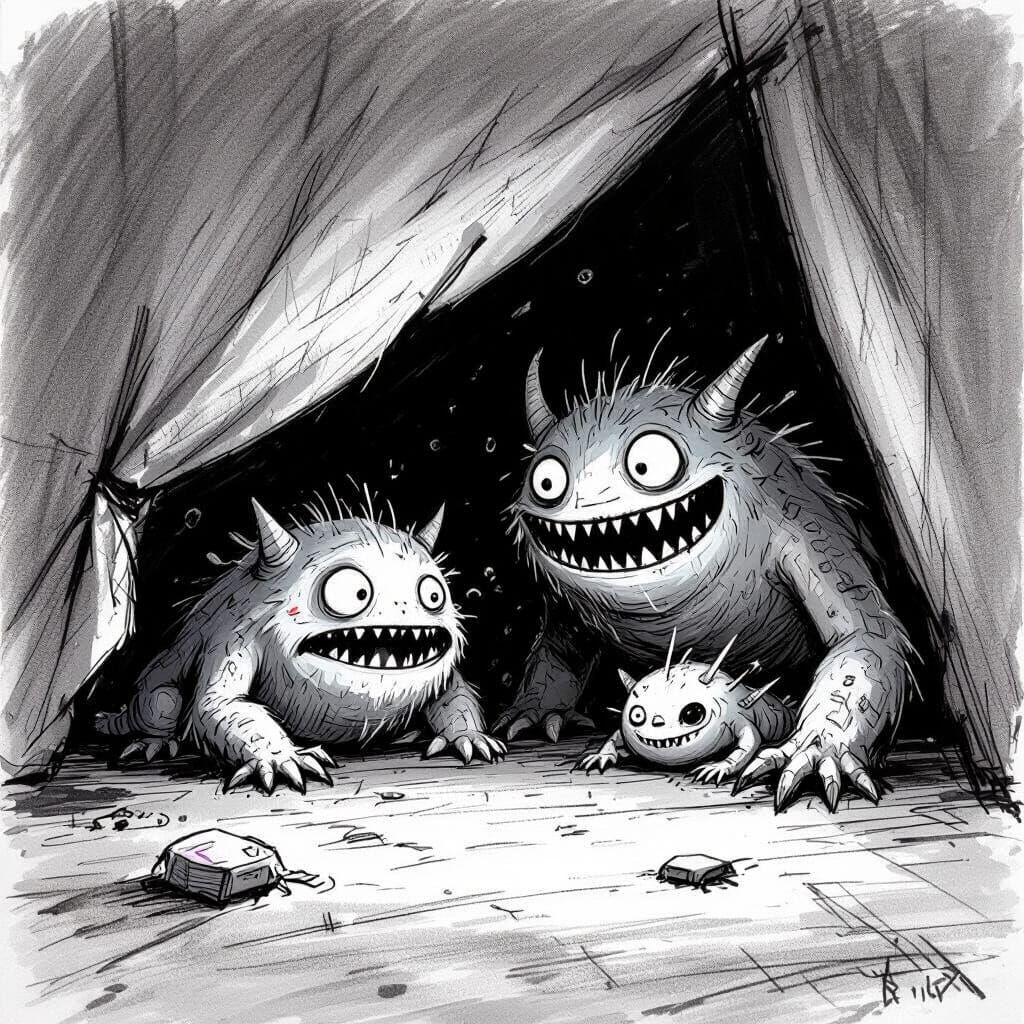 Whimsical Monsters Play Under Bed in Rough Sketch Style