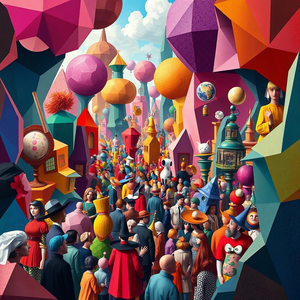 Whimsical Wonderland Gathering in Vibrant, Cubist Style