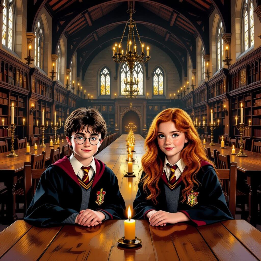 Hogwarts Great Hall Scene in Whimsical Style