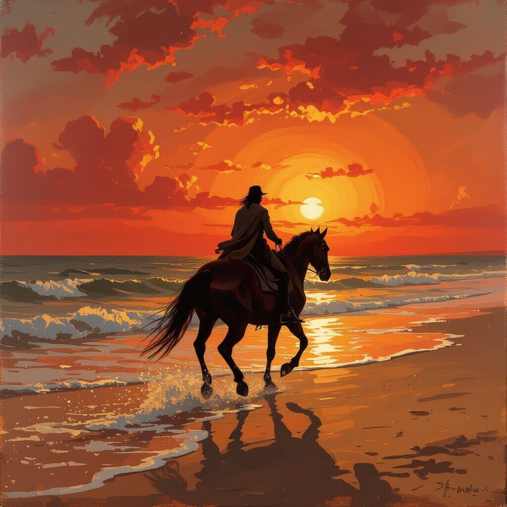 Rider on Beach Under Red Sky in Rubens Style
