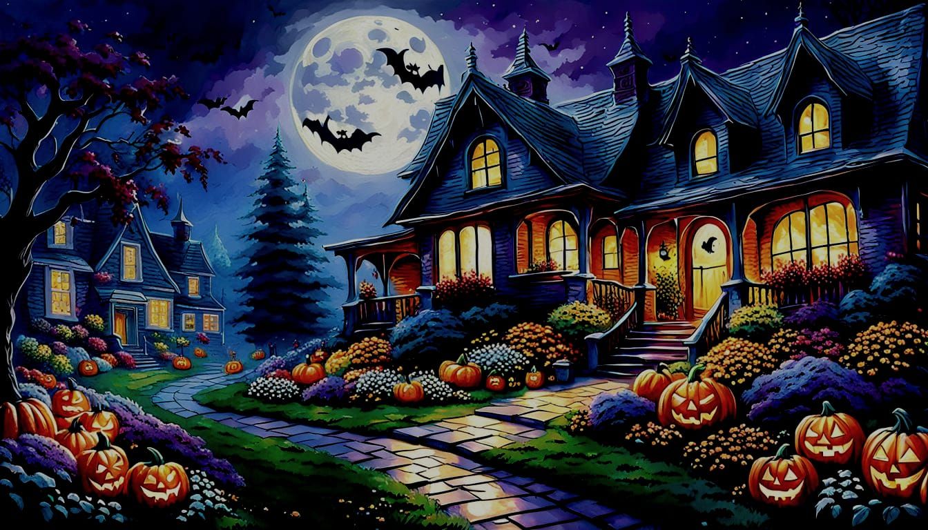 Halloween Flowers Under Full Moon in Kinkade Style