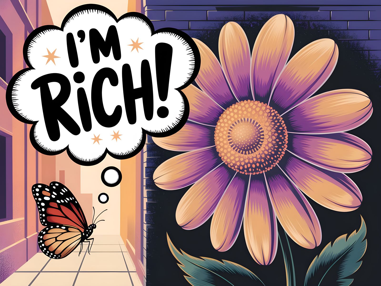 Butterfly Amazed by Flower Mural Illustration