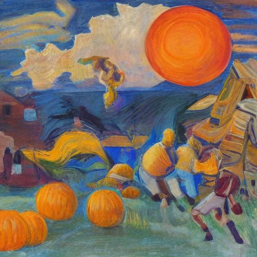Pumpkins Play Football: Surreal Expressionist Artwork