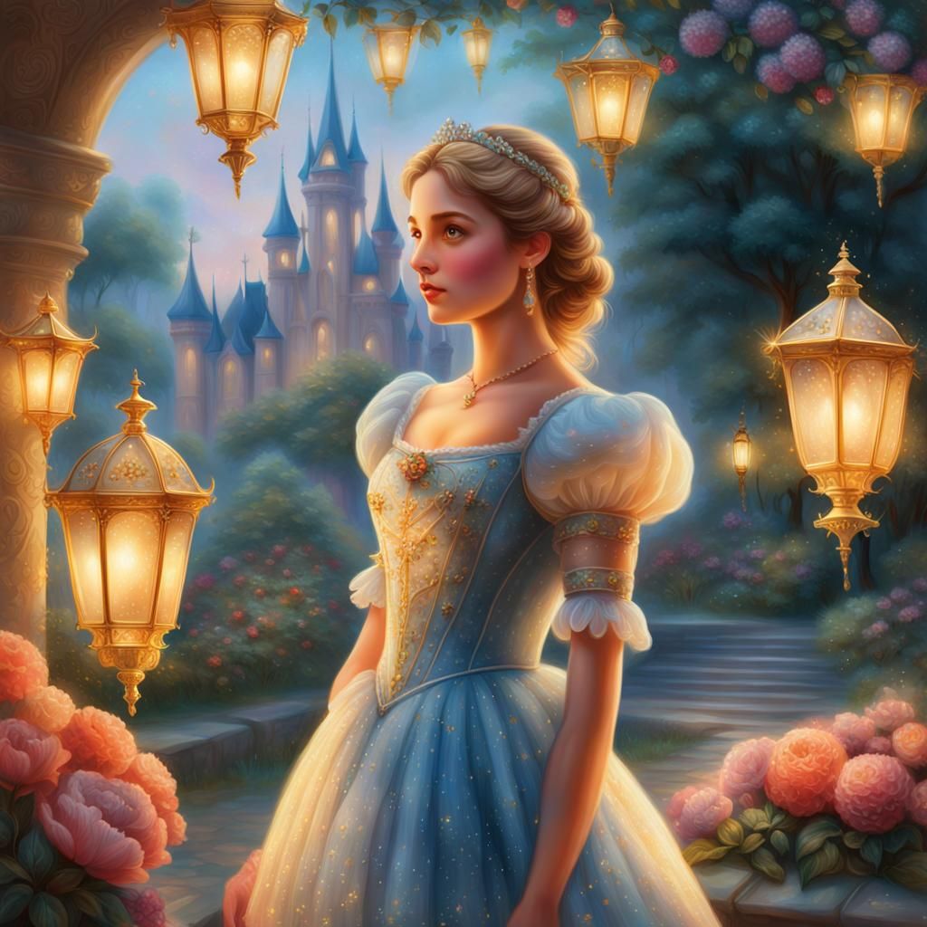 Cinderella in Ethereal Garden: Oil Painting