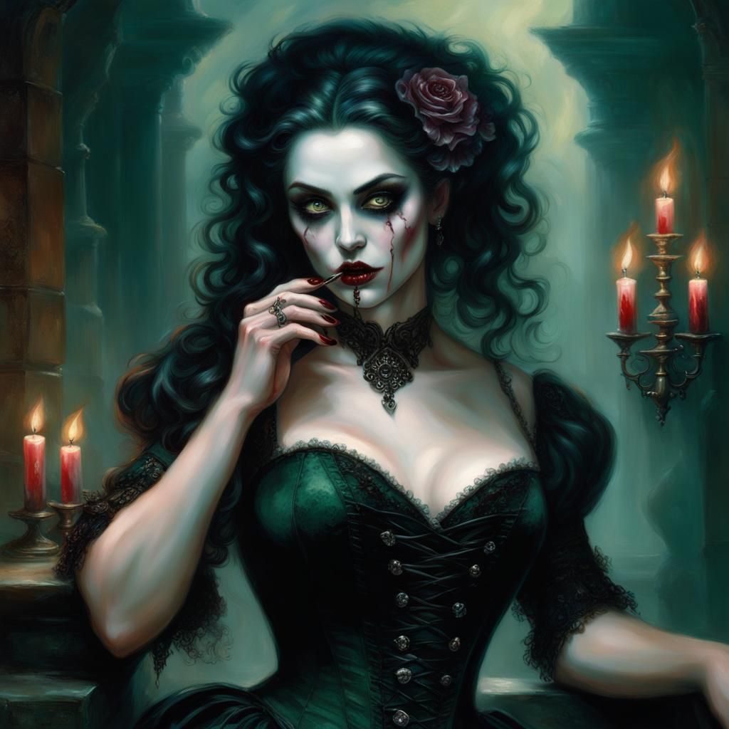 Gothic Vampire Woman with Bloody Mouth