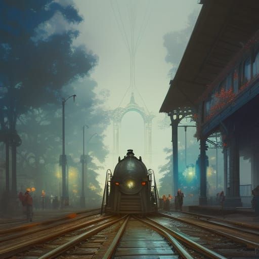 Vintage Train Station, Art Nouveau Concept Art