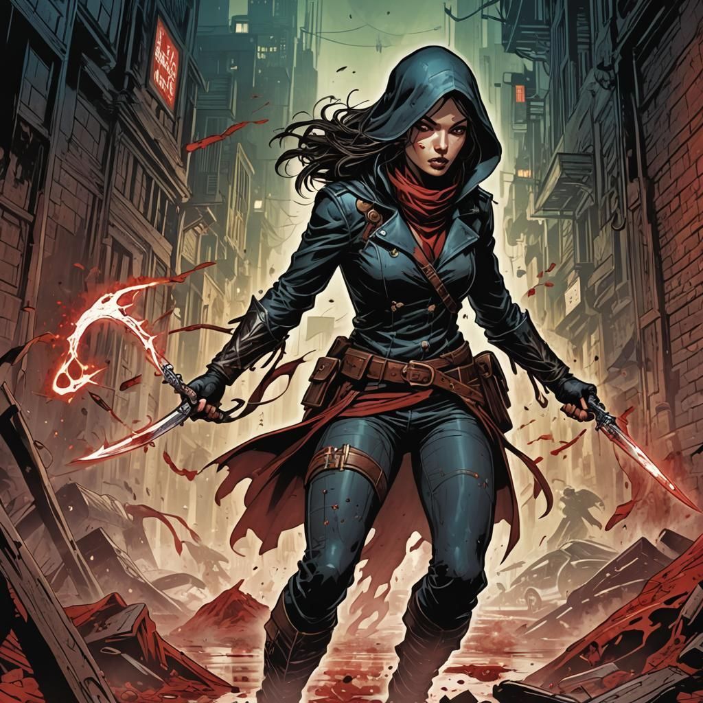 Female Thief Emerges from Blood Mist: Comic Book Art
