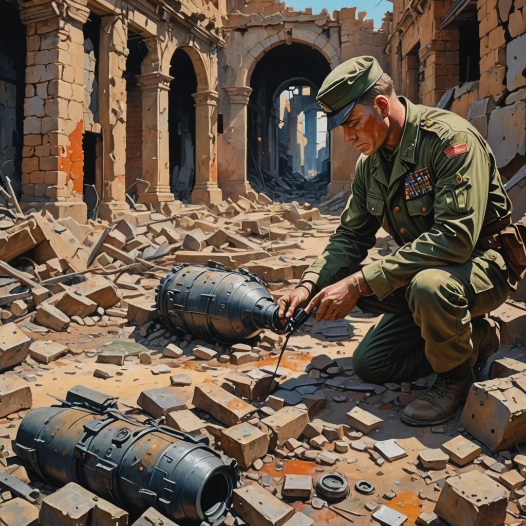 Soldier Inspects Bomb in Ruined City as Gouache