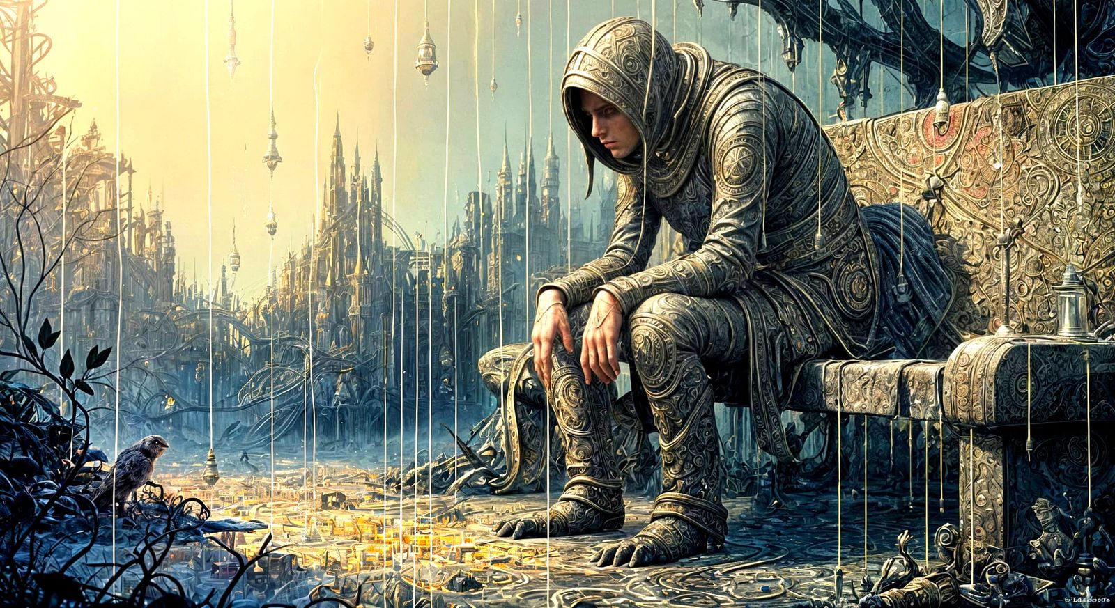 Retro-Futuristic Maximalist Scene in Rich Ink & Watercolor