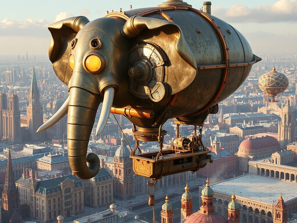 Steampunk Elephant Balloon Over Clockwork City