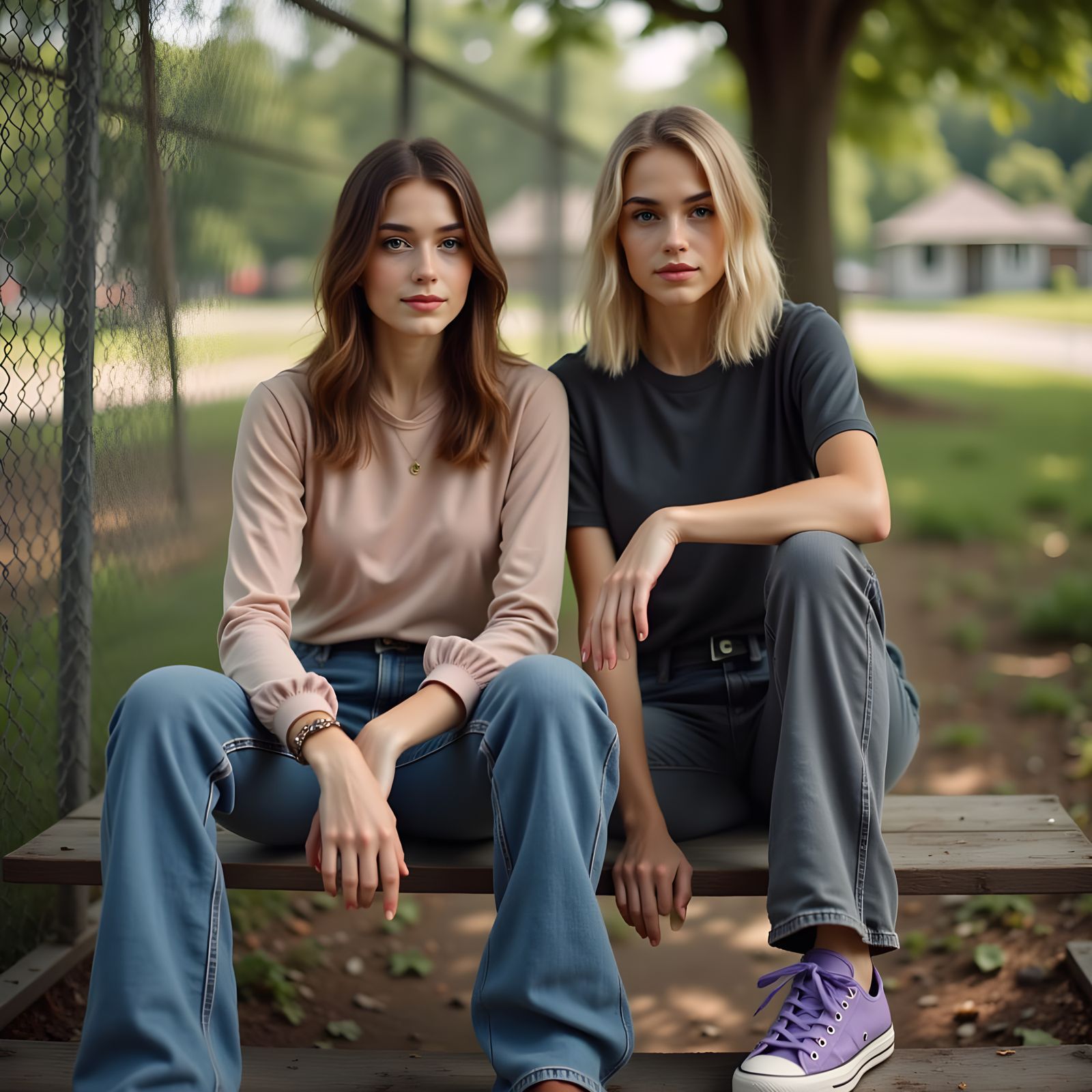 Two Teenage Girls Relax on a Bleacher in a Sunny Outdoor Set...