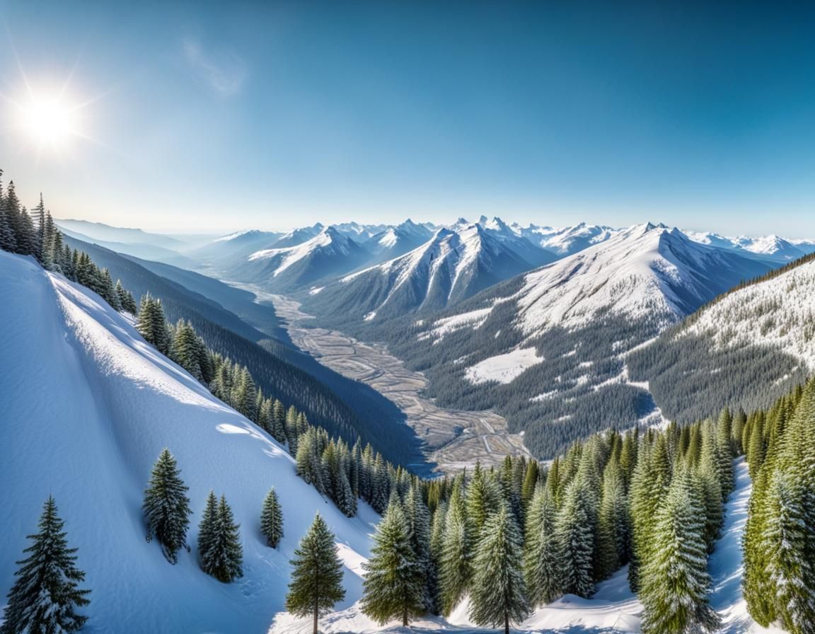 Snowy Mountain Landscape with Green Trees