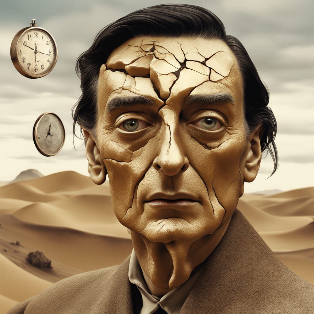 Surreal Desert Landscape with Melting Clocks