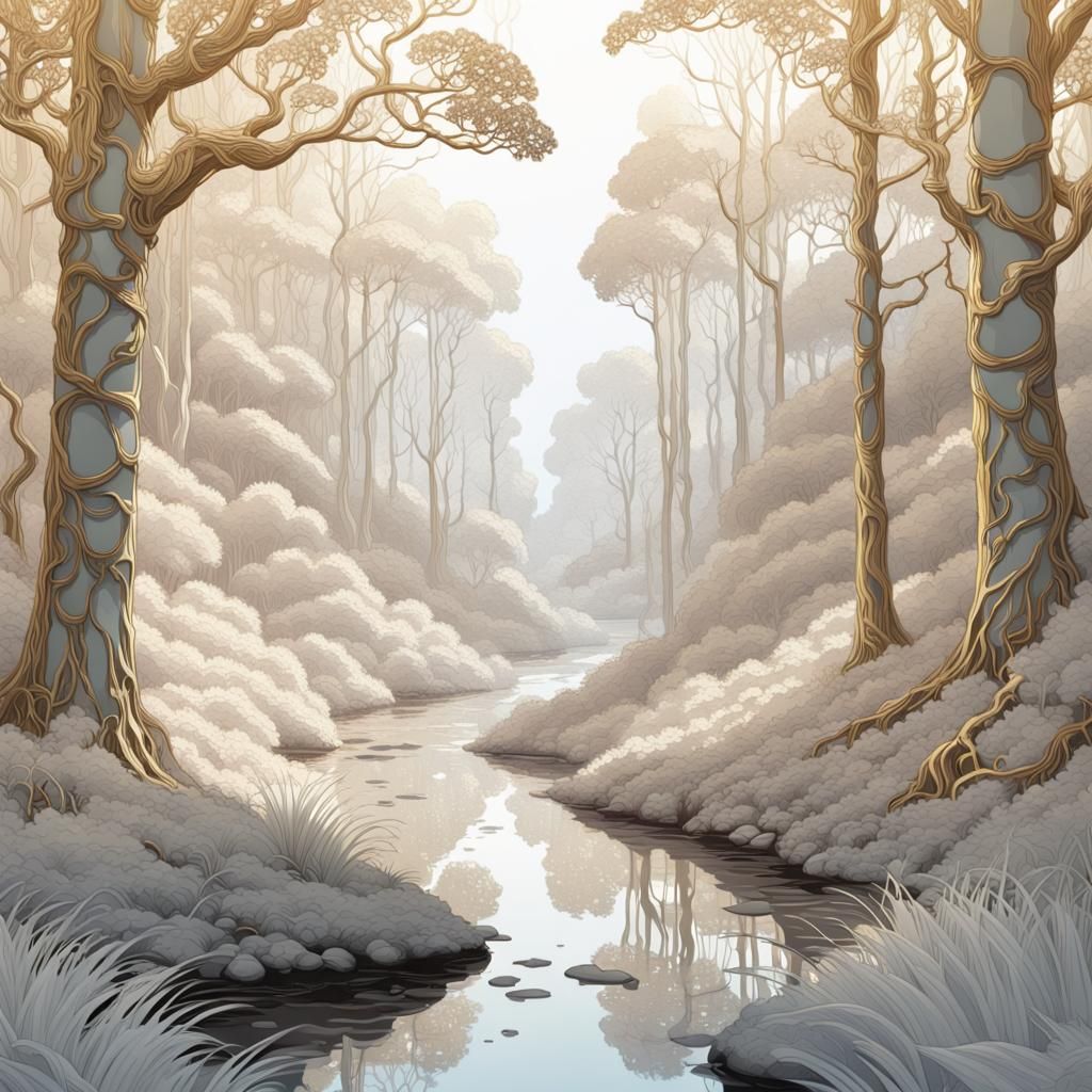 Lace white gold metallic forest landscape