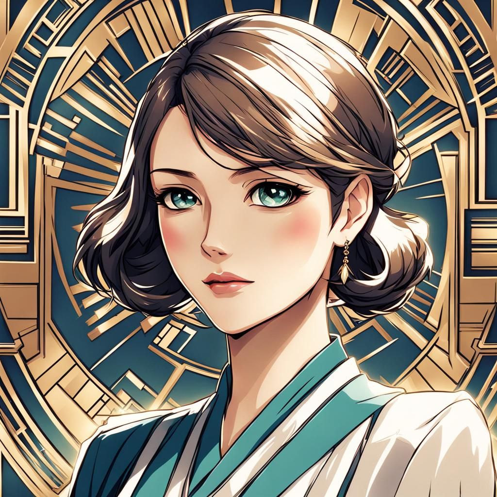 Art Deco Portrait of Young Woman in Anime Style
