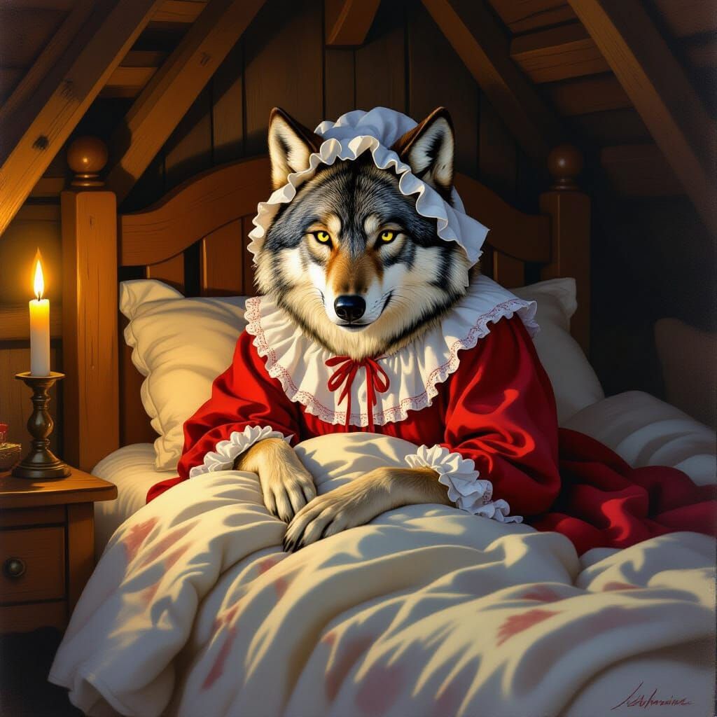 Wolf in Grandmother's Clothes in Cozy Cottage Bed