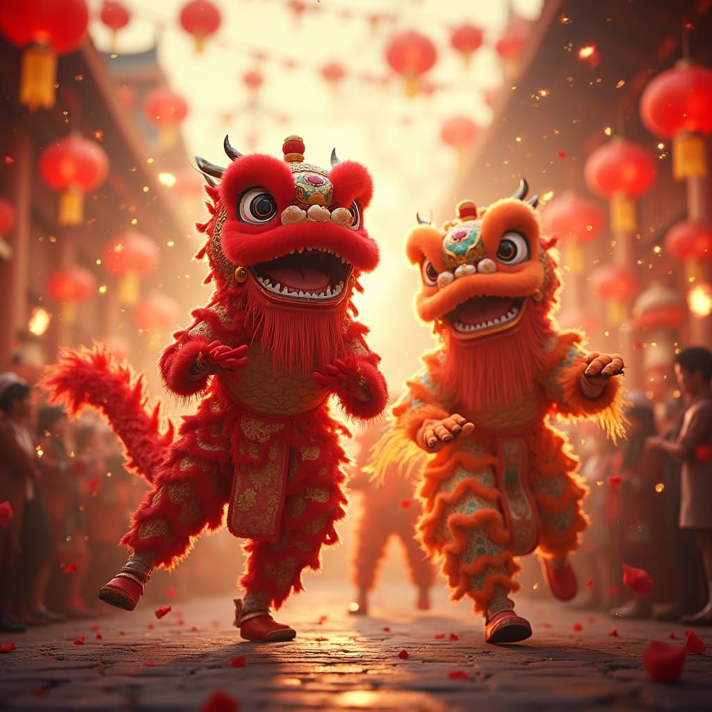 Dragon Dancers in Vibrant Red and Gold