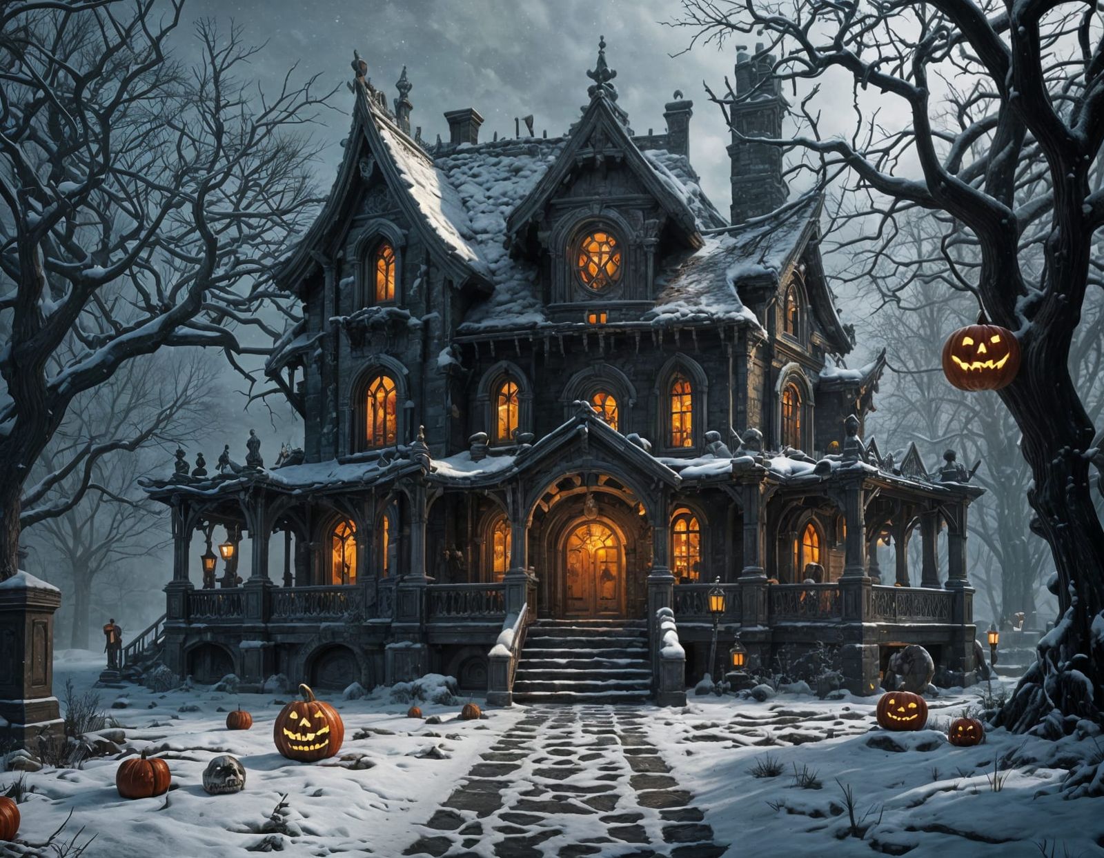 Detailed Horror House in Winter Wonderland, Dark Fantasy Art