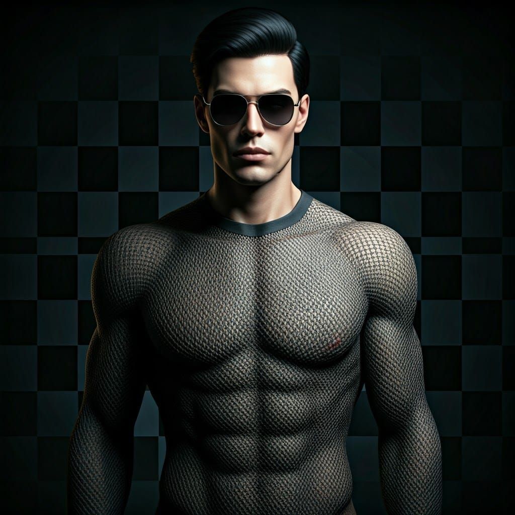 Handsome Man Poses in Bodysuit with Chessboard Pattern
