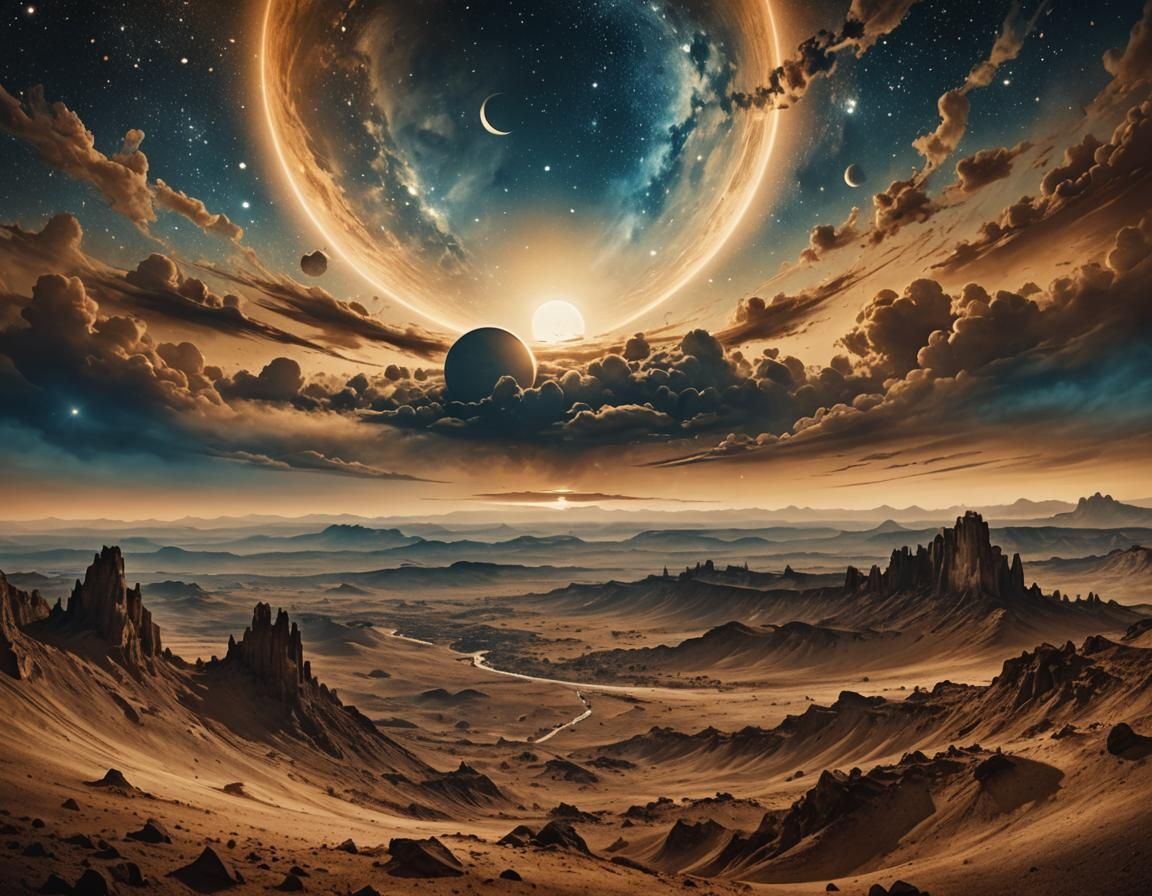 Cosmic Realms Collide: A Panoramic Matte Painting