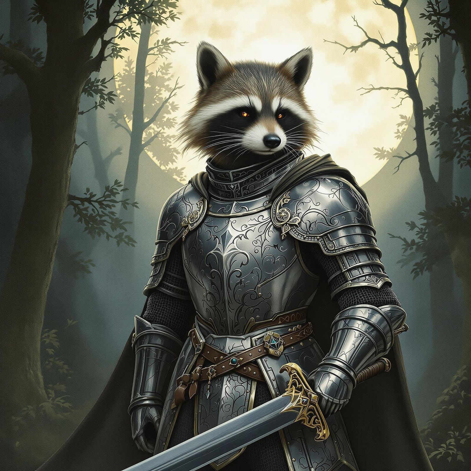 Medieval Raccoon Knight in Shining Silver Armor