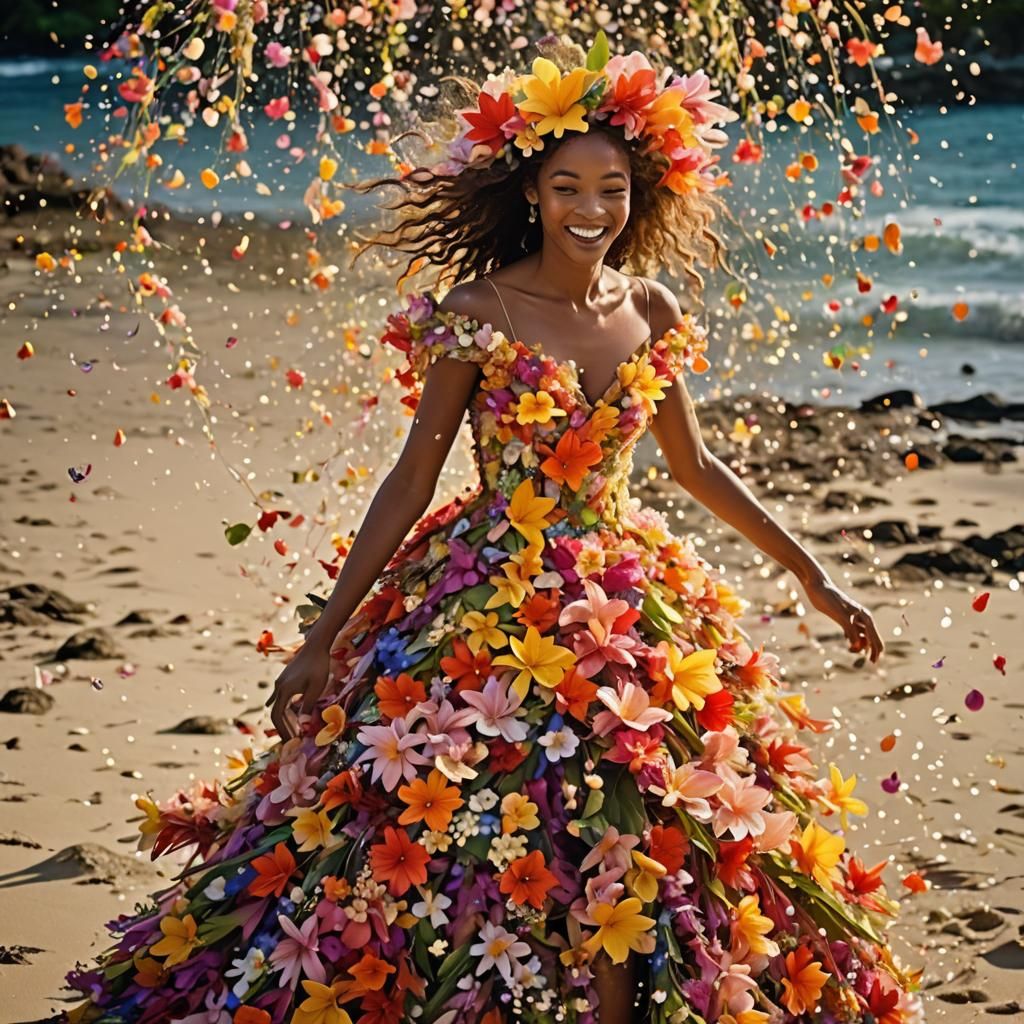 Model in Cascading Flower Dress on Tropical Beach