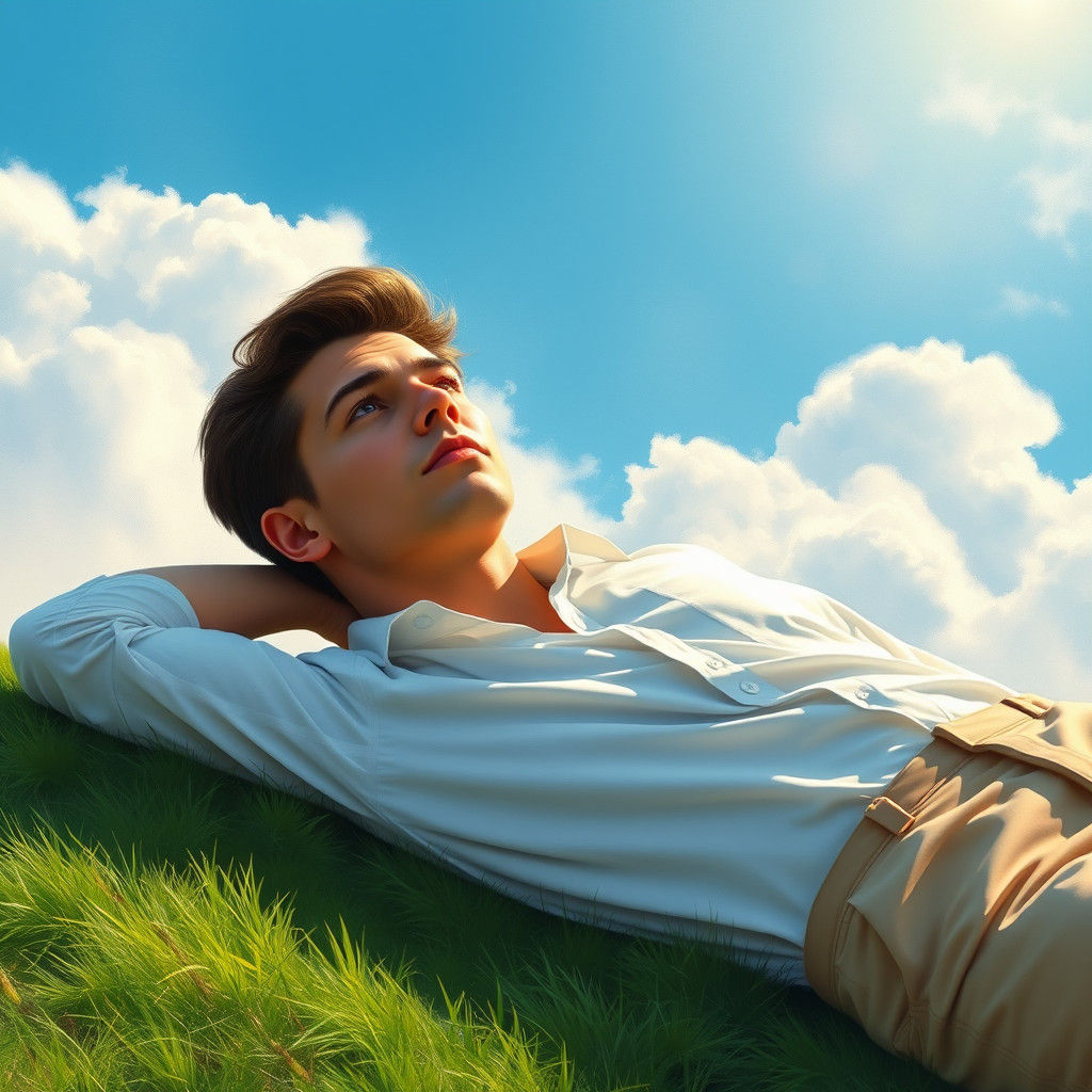 Serene Young Man Contemplates Landscape in Idyllic Watercolo...