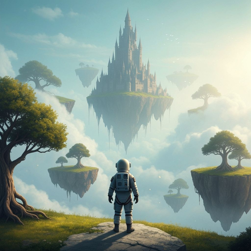 Astronaut on Floating Island Gazing at Cloud Castle