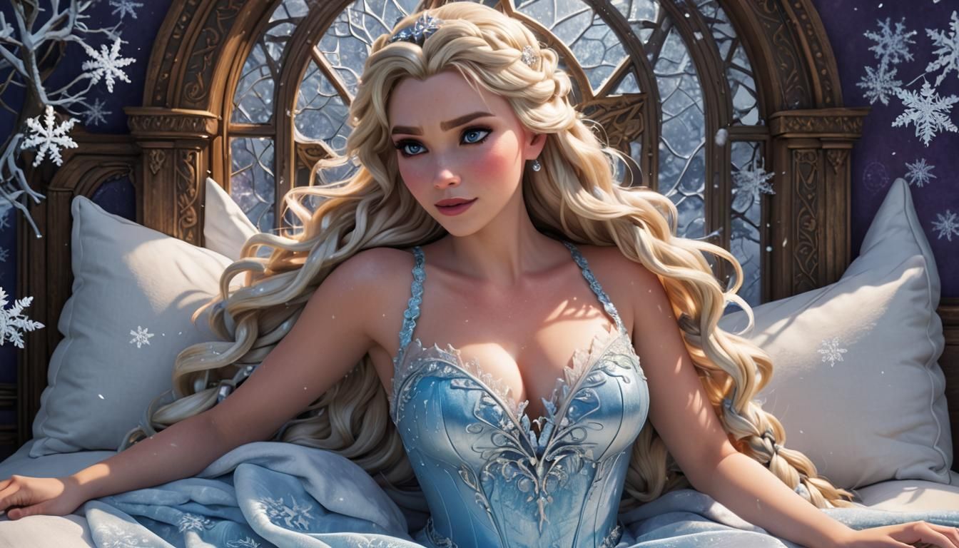 Icy Queen Lying in Bed with Snowflake Lingerie