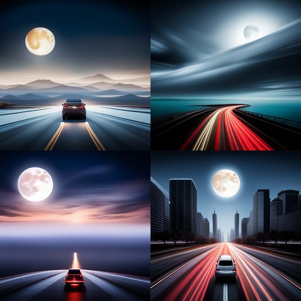 Car Driving in Moonlight Towards City Horizon