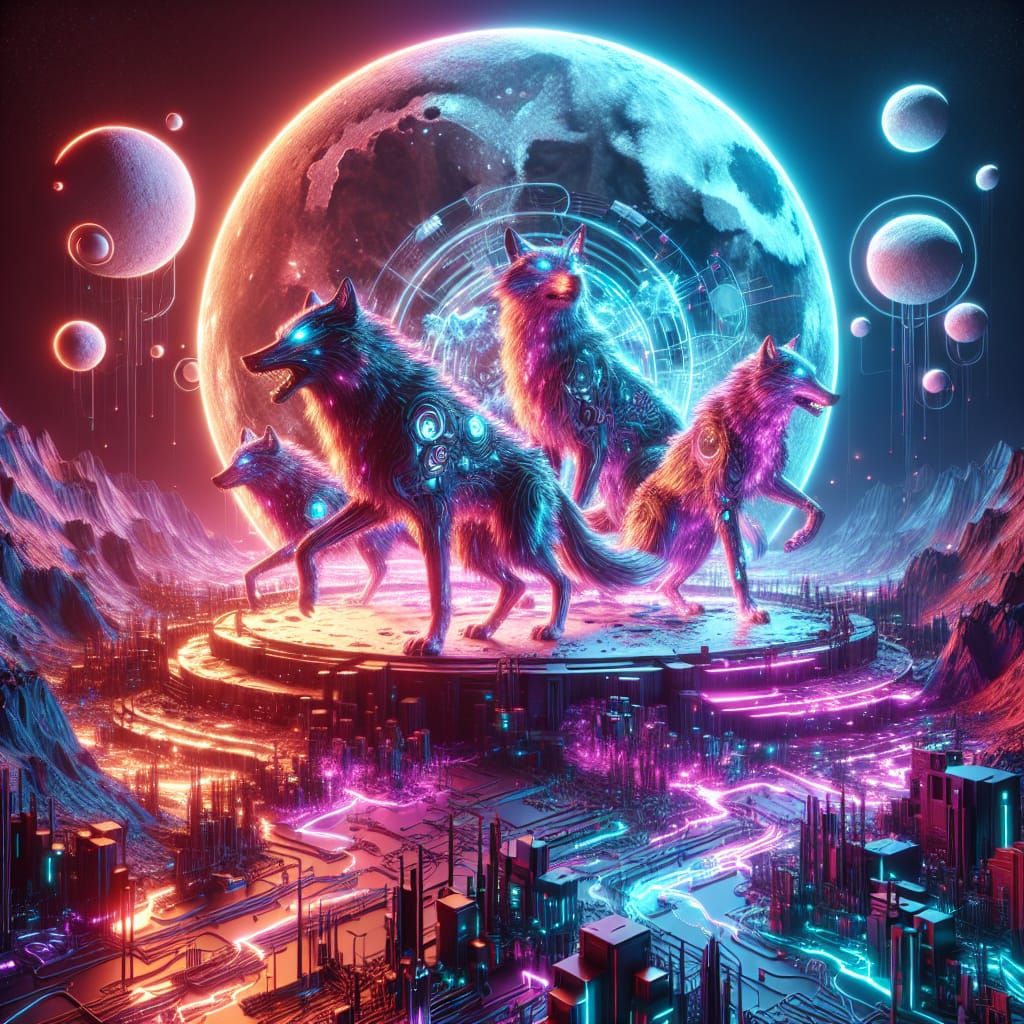 Wolves on the Moon in Cyberpunk Style
