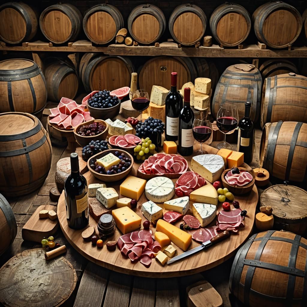 Cellar Table Still Life with Wine and Cheese