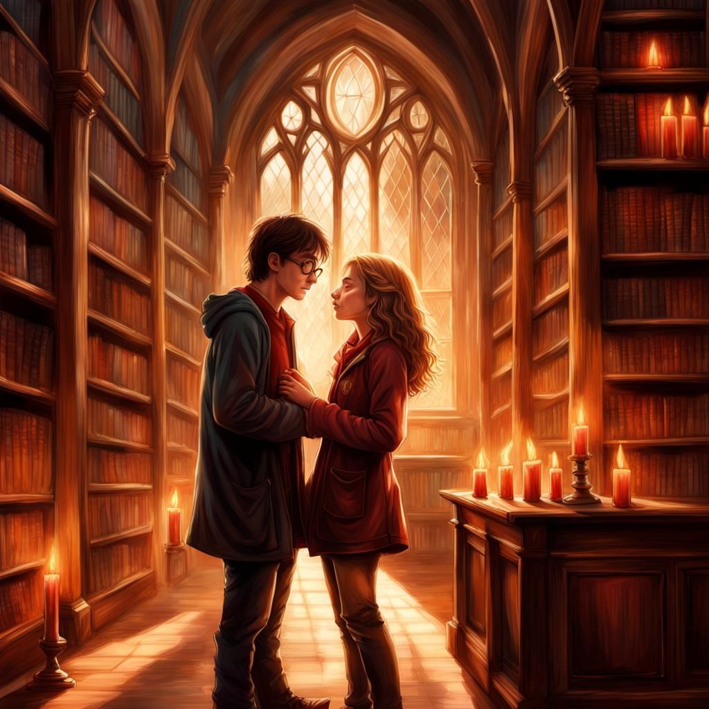 Harry Potter and Hermione Granger Kiss in Hogwarts Library