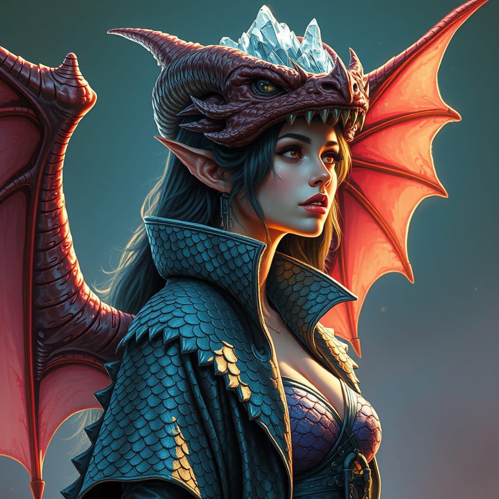 Dragon Woman with Horns and Wings in Cyberpunk Style