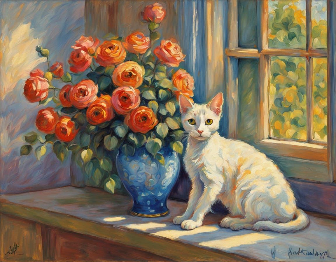 Impressionist Cat on Windowsill Oil Painting
